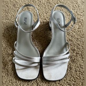 Silver satin heel size 10